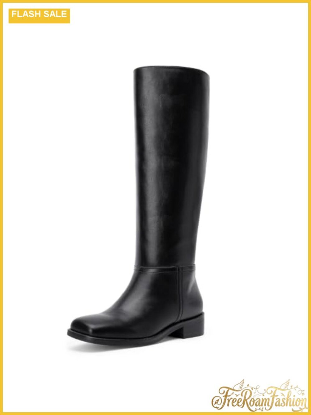 Square Toe Knee High Pull On Boots Low Heel Faux Leather